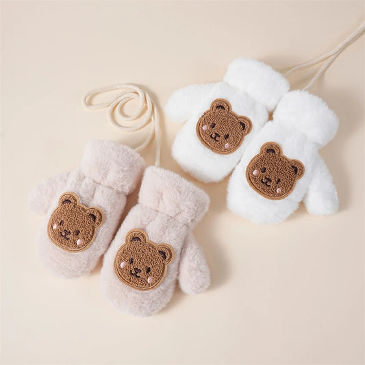 Faux Fur Baby Gloves Cute Bear Plush Warm Toddler Boys Girls Mittens Kids Winter Outdoor Fingerless Gloves With Rop