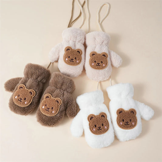 Faux Fur Baby Gloves Cute Bear Plush Warm Toddler Boys Girls Mittens Kids Winter Outdoor Fingerless Gloves With Rop
